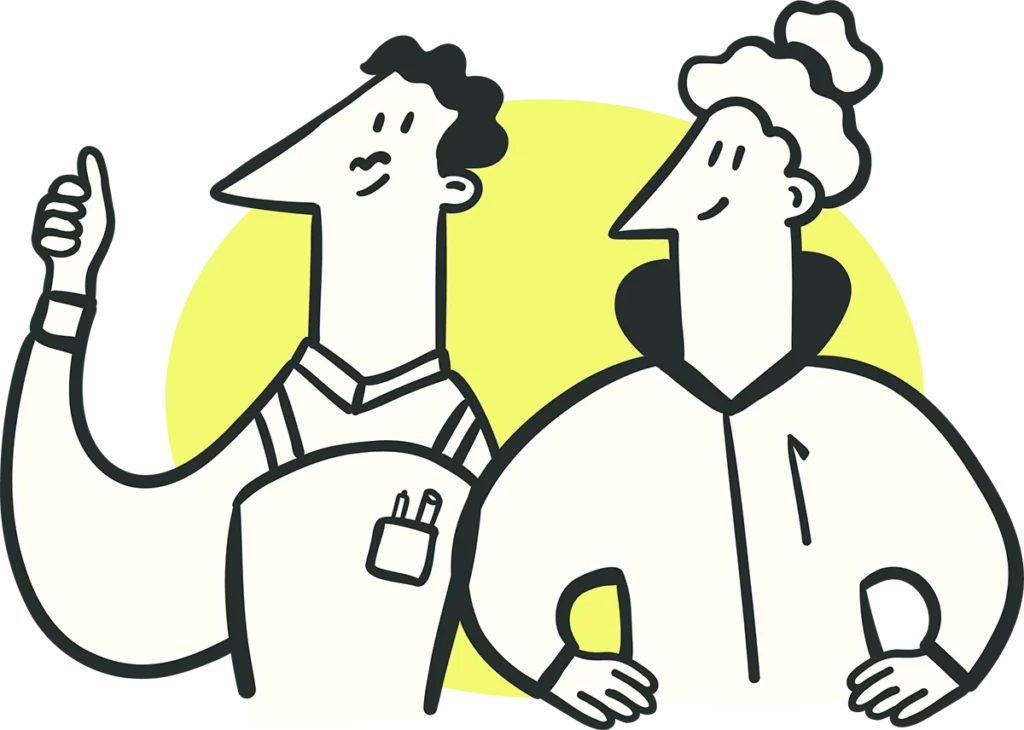 Moe und Marta mit erhobenem Zeigefinger